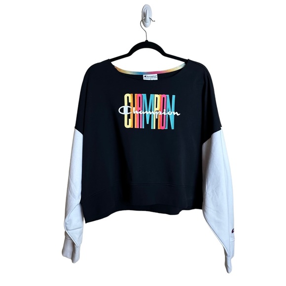 Champion Campus French Terry Crewneck Sweatshirt Black White Rainbow Size Large - Picture 12 of 12